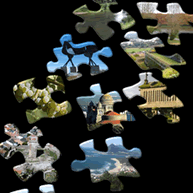 Fundo negro com pe&ccedil;as de puzzle que apresentam v&aacute;rias paisagens do Alto Minho